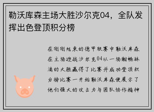勒沃库森主场大胜沙尔克04，全队发挥出色登顶积分榜
