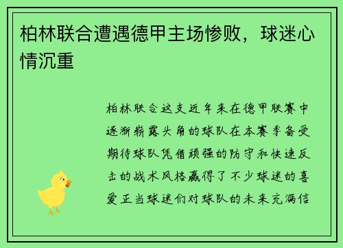 柏林联合遭遇德甲主场惨败，球迷心情沉重
